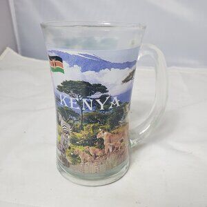 Kenya Tea Glass with lions, zebras and other wildlife, with stirring spoon